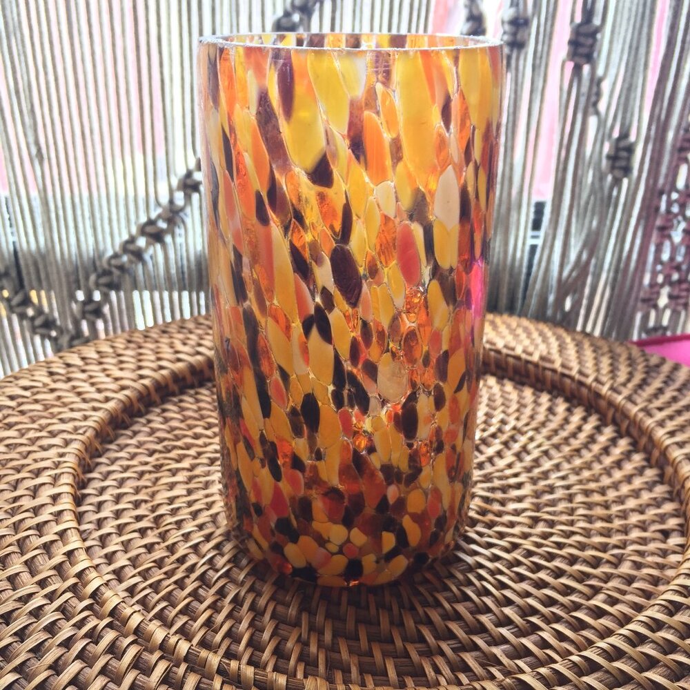 Vintage 70s Tortoise Shell Blown Glass Cylinder Vase Handcrafted Speckled Art